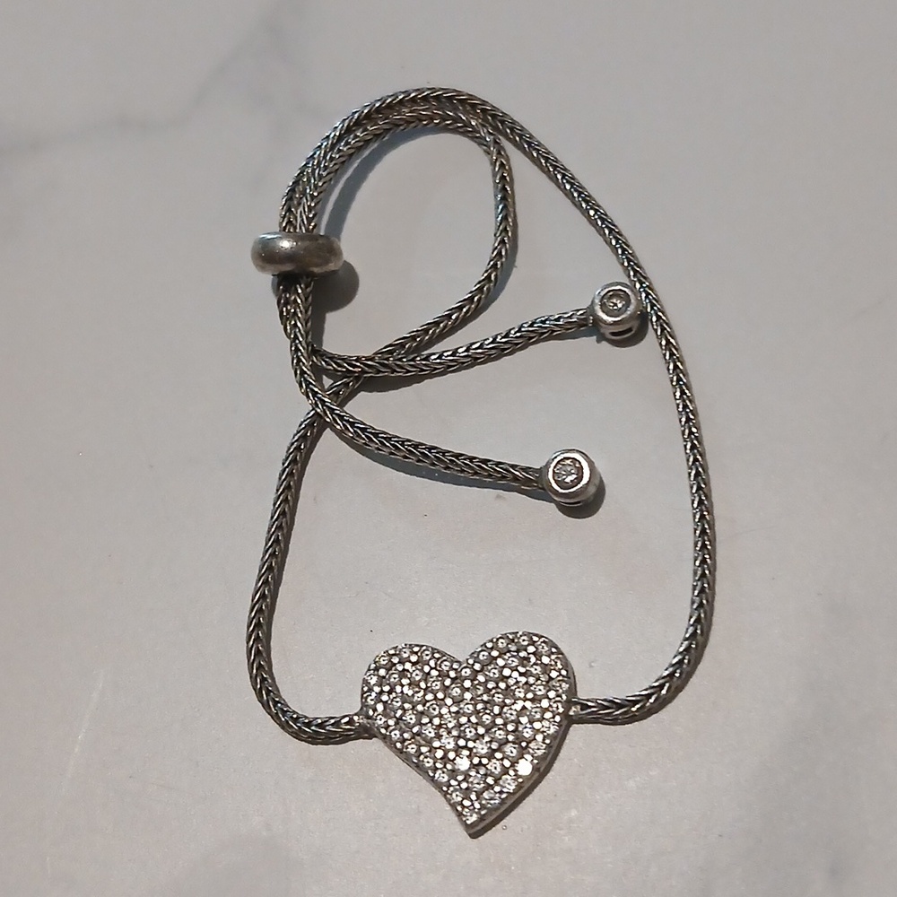 Gorgeous Sterling Silver Heart Bracelet Pave Diamonds  Slider Adjustable